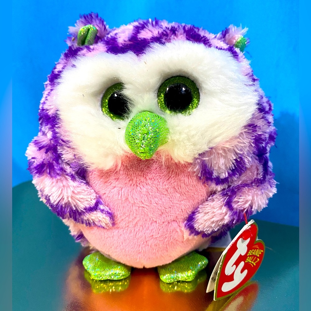 TY BEANIE BALLZ NWT 2014 OZZIE PURPLE/WHITE/GREEN OWL ATTACHED TAGS
